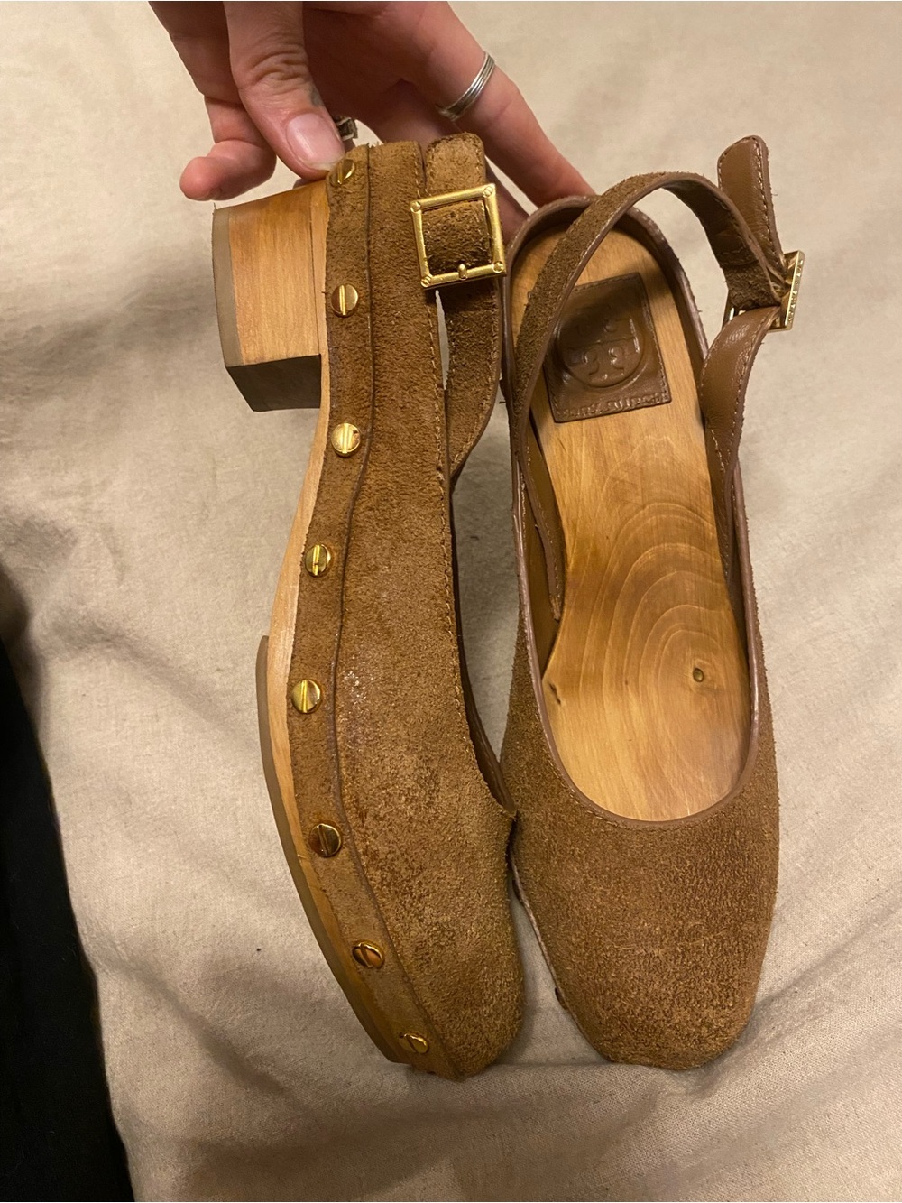 Tory Burch Tan Suede Studded Slingback Clog